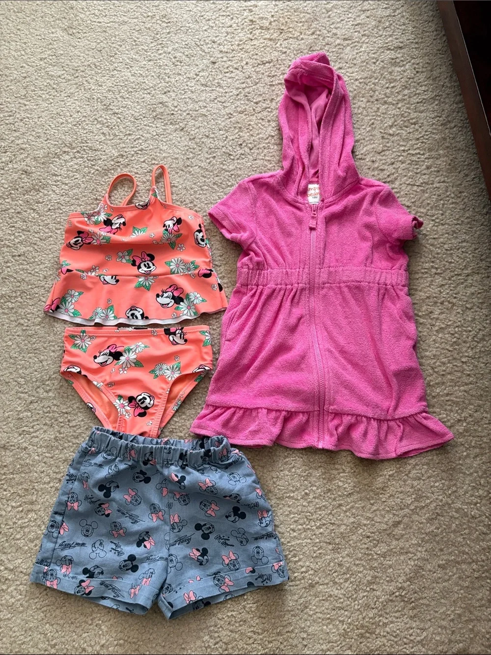 Girls' Pink Hooded Swim Cover-Up with Orange Minnie Print Bikini